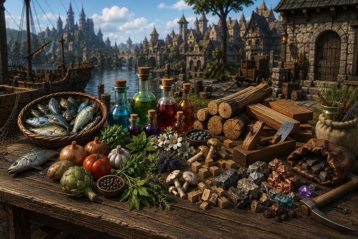 Materials, fish, herbs, logs, and crafting supplies illustration for a Brighter Shores materials farming guide