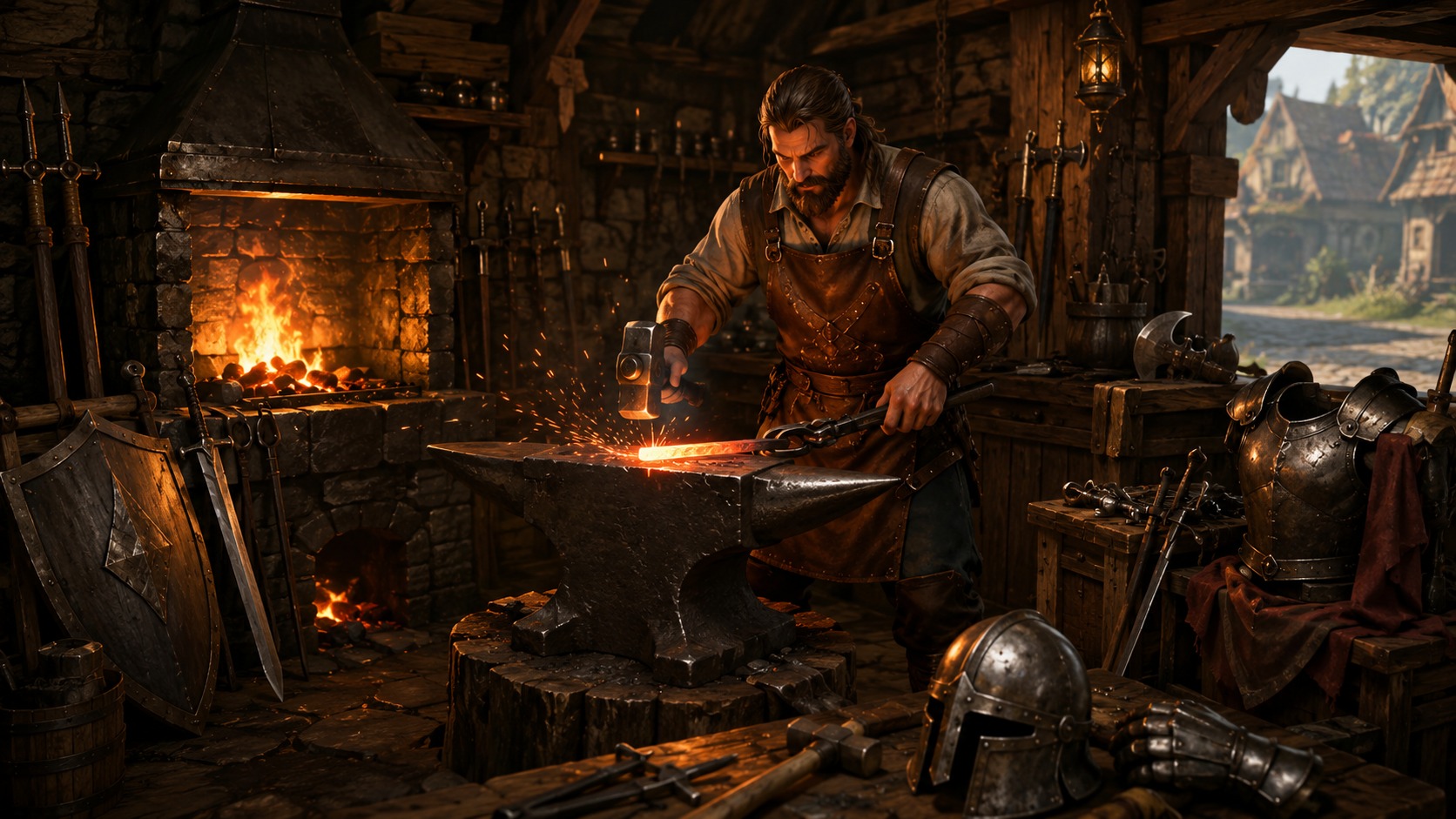 Blacksmith workshop illustration for a Brighter Shores Blacksmithing guide