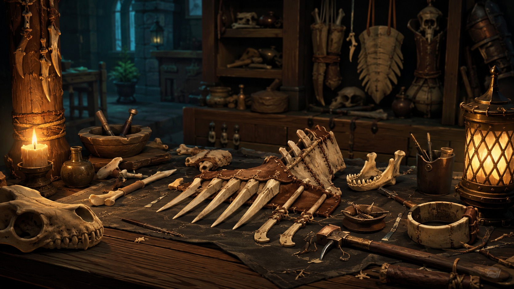 Bone crafting workshop illustration for a Brighter Shores Bonewright guide