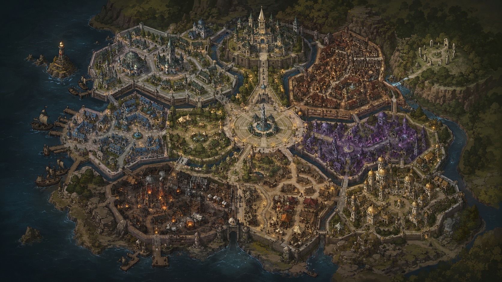 Fantasy city map illustration for a Brighter Shores Crenopolis map guide