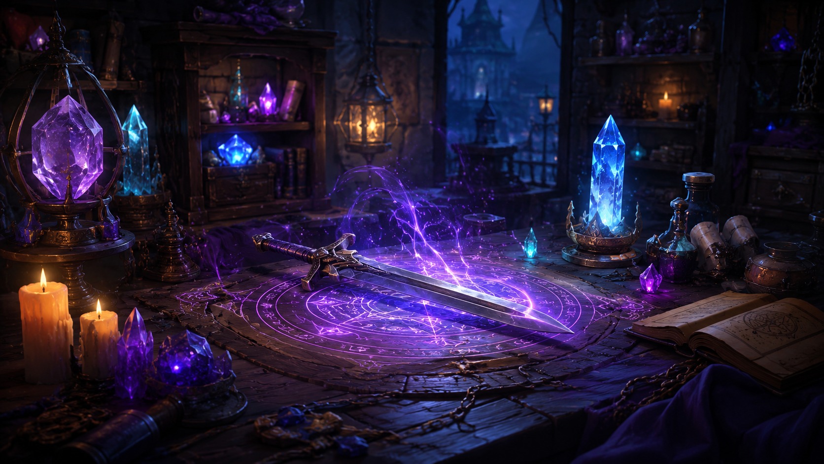 Magical enchanting workshop illustration for a Brighter Shores Enchanting guide