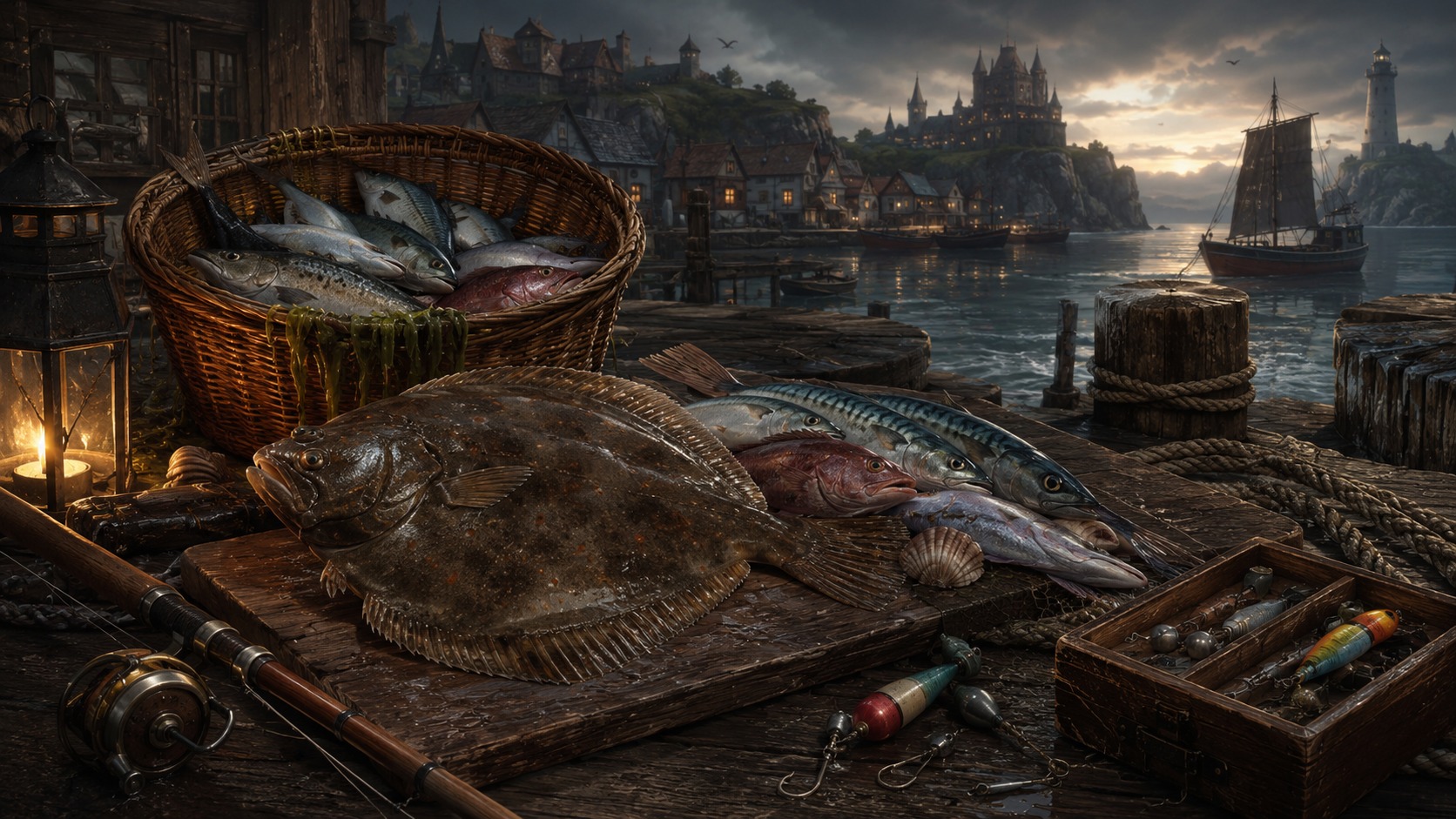 Fish and flounder illustration for a Brighter Shores fishing guide