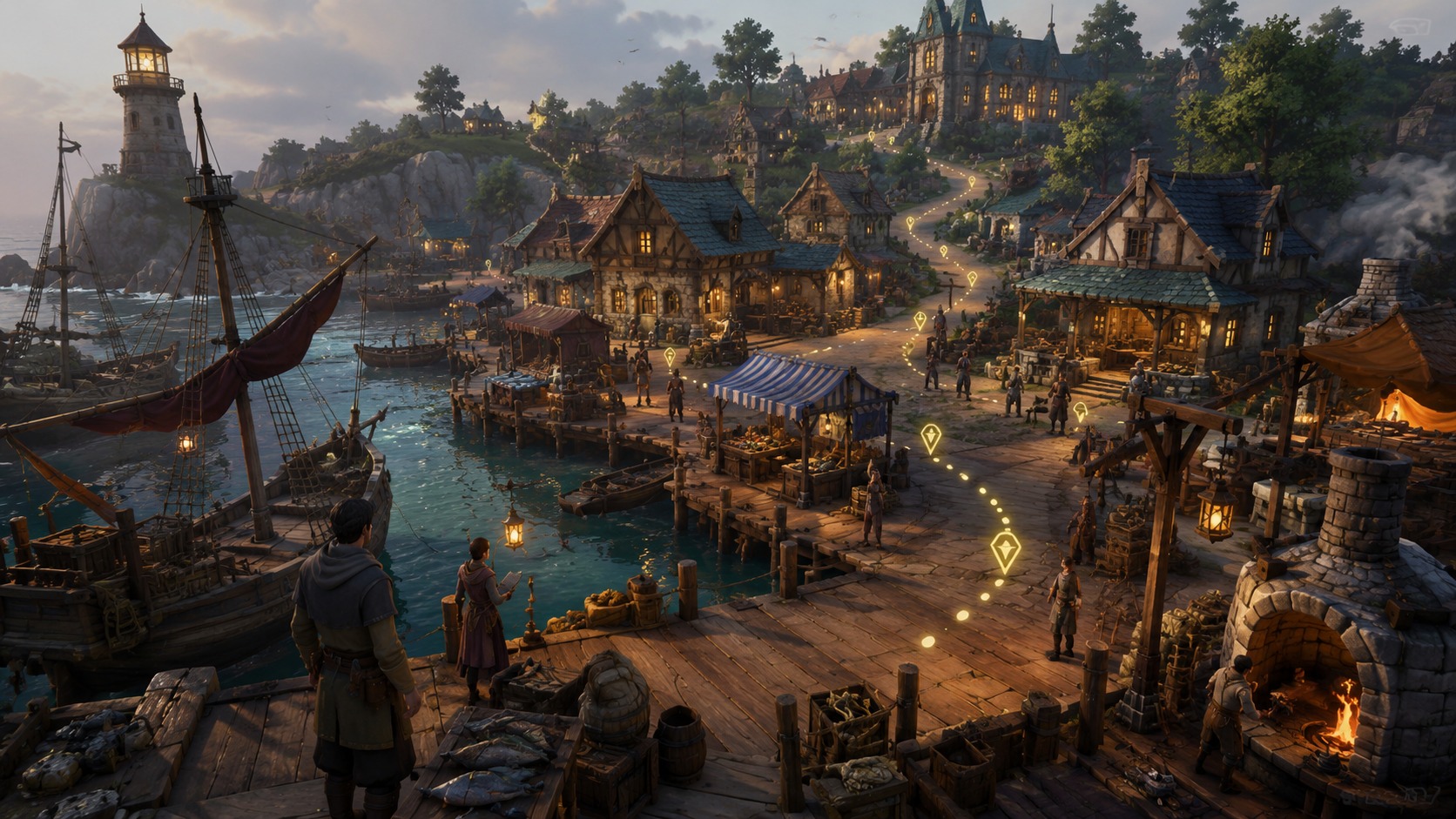 Harbor town illustration for a Brighter Shores Hopeport guide