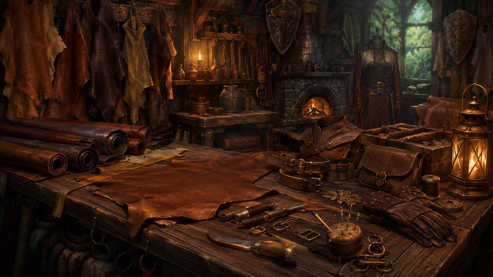 Leatherworking workshop illustration for a Brighter Shores Leatherworking guide