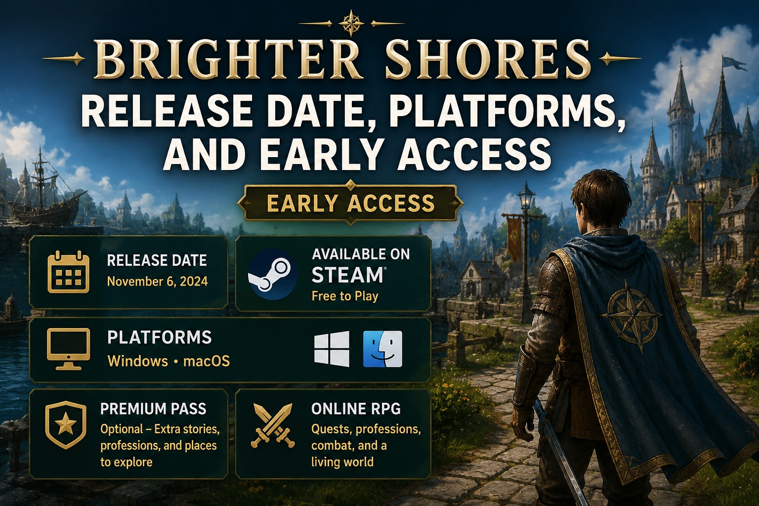 Brighter Shores release date and platforms illustration with Steam, PC, and Early Access theme