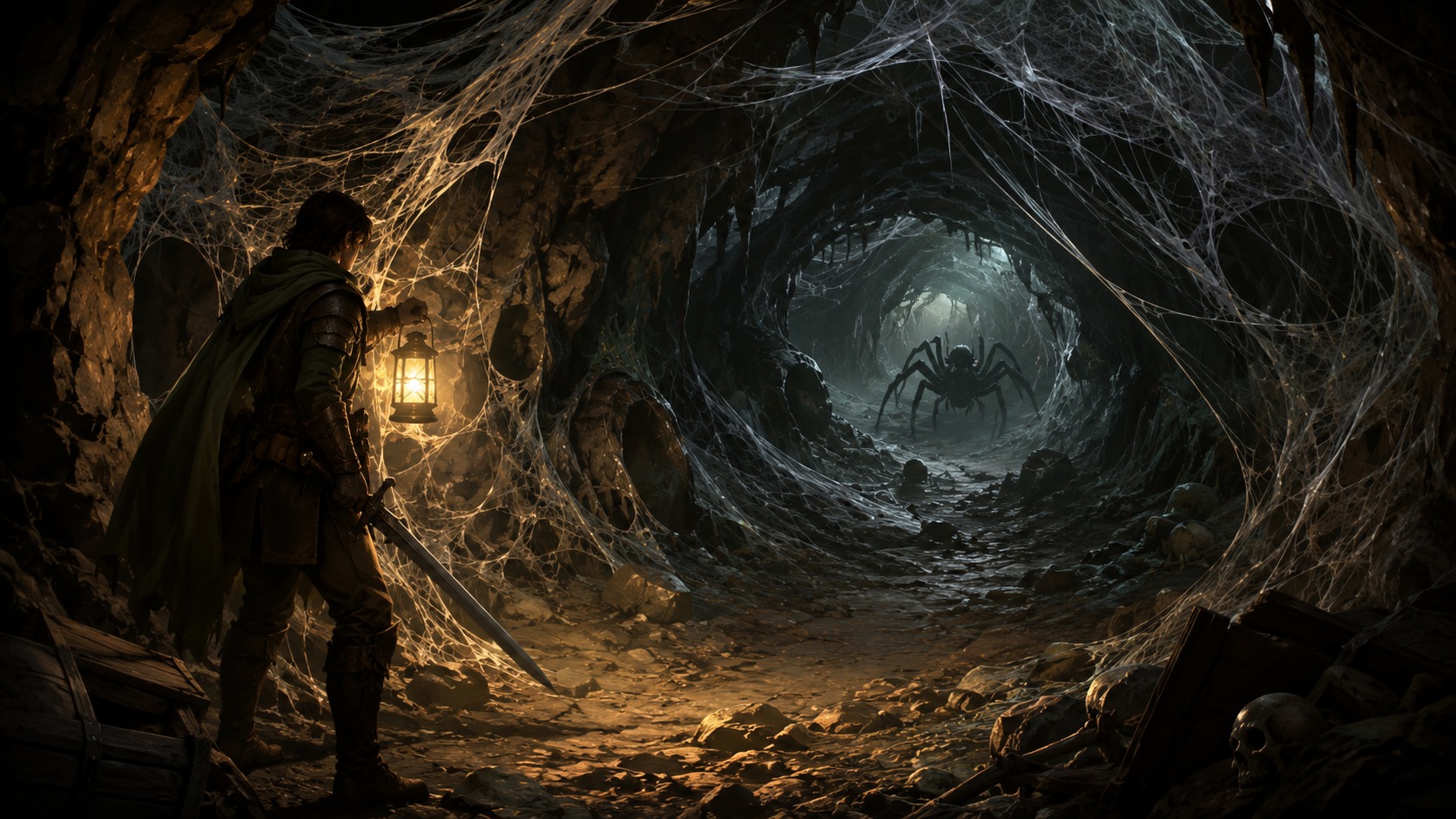 Dark spider cave illustration for a Brighter Shores Spider Nest quest guide