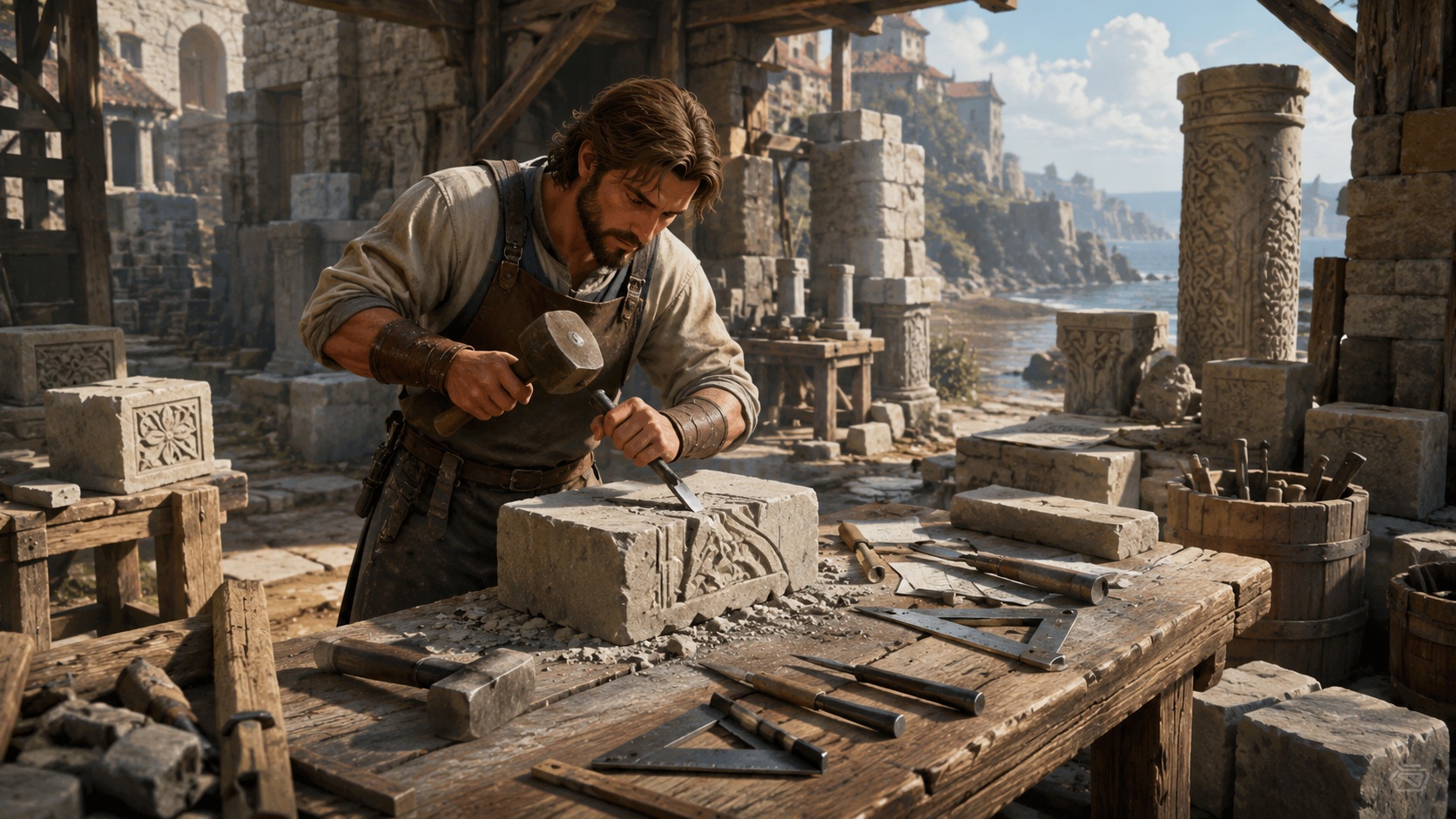 Stonemason crafting workshop illustration for a Brighter Shores Stonemason guide