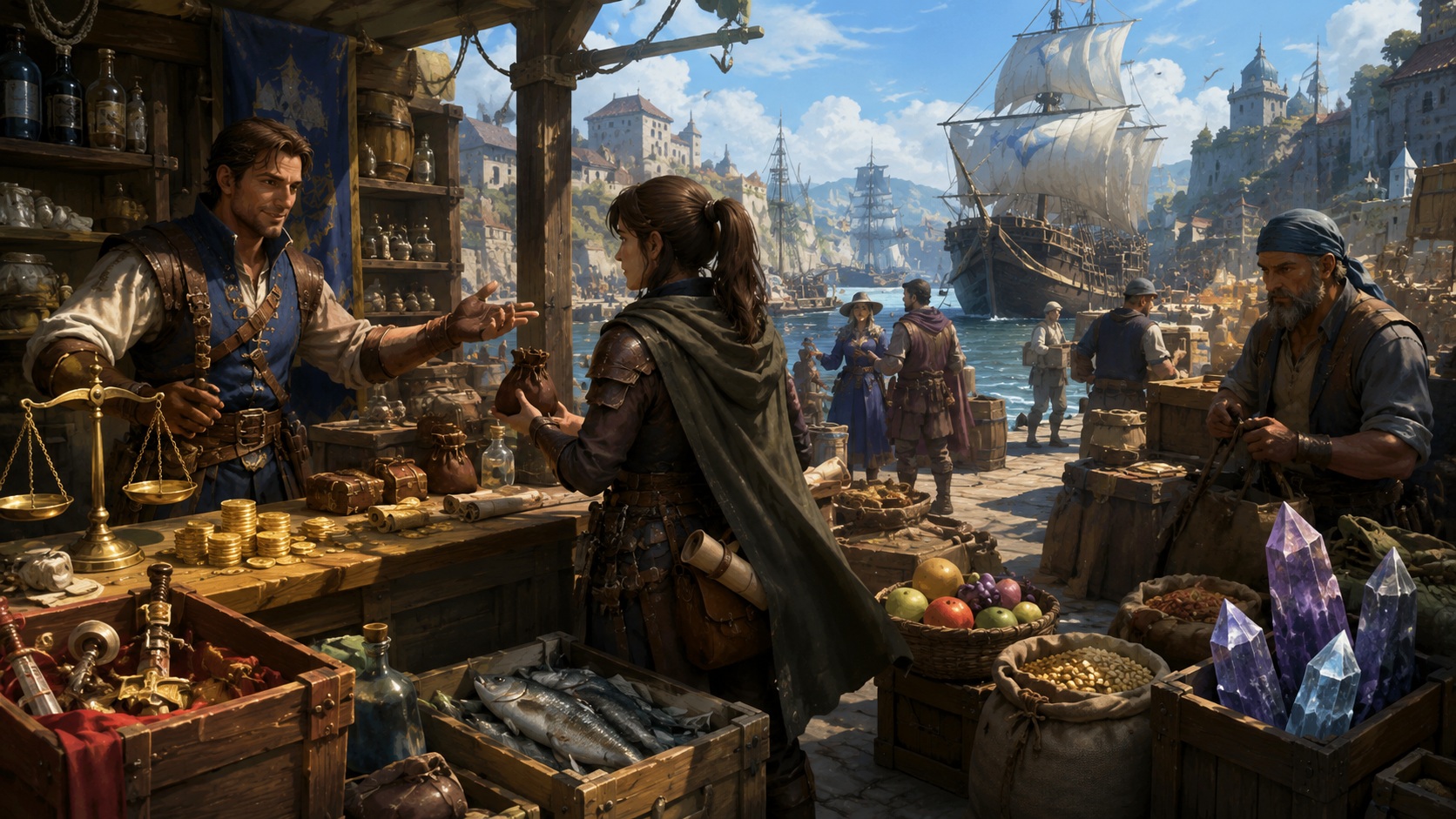 Trading and marketplace illustration for a Brighter Shores Trading guide
