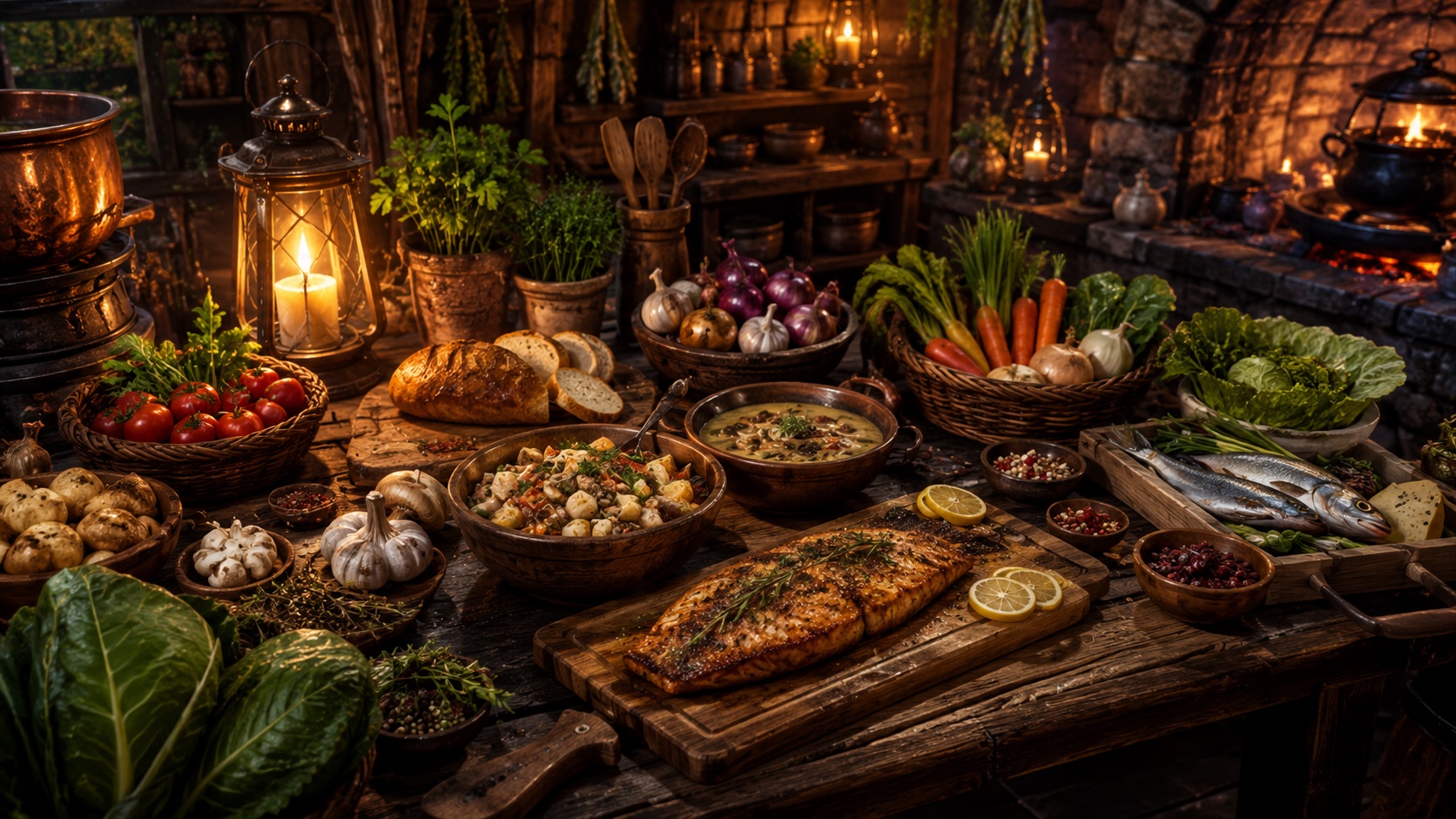 Cooking workstation with ingredients and prepared food for leveling Cooking from 20 to 40 in Brighter Shores