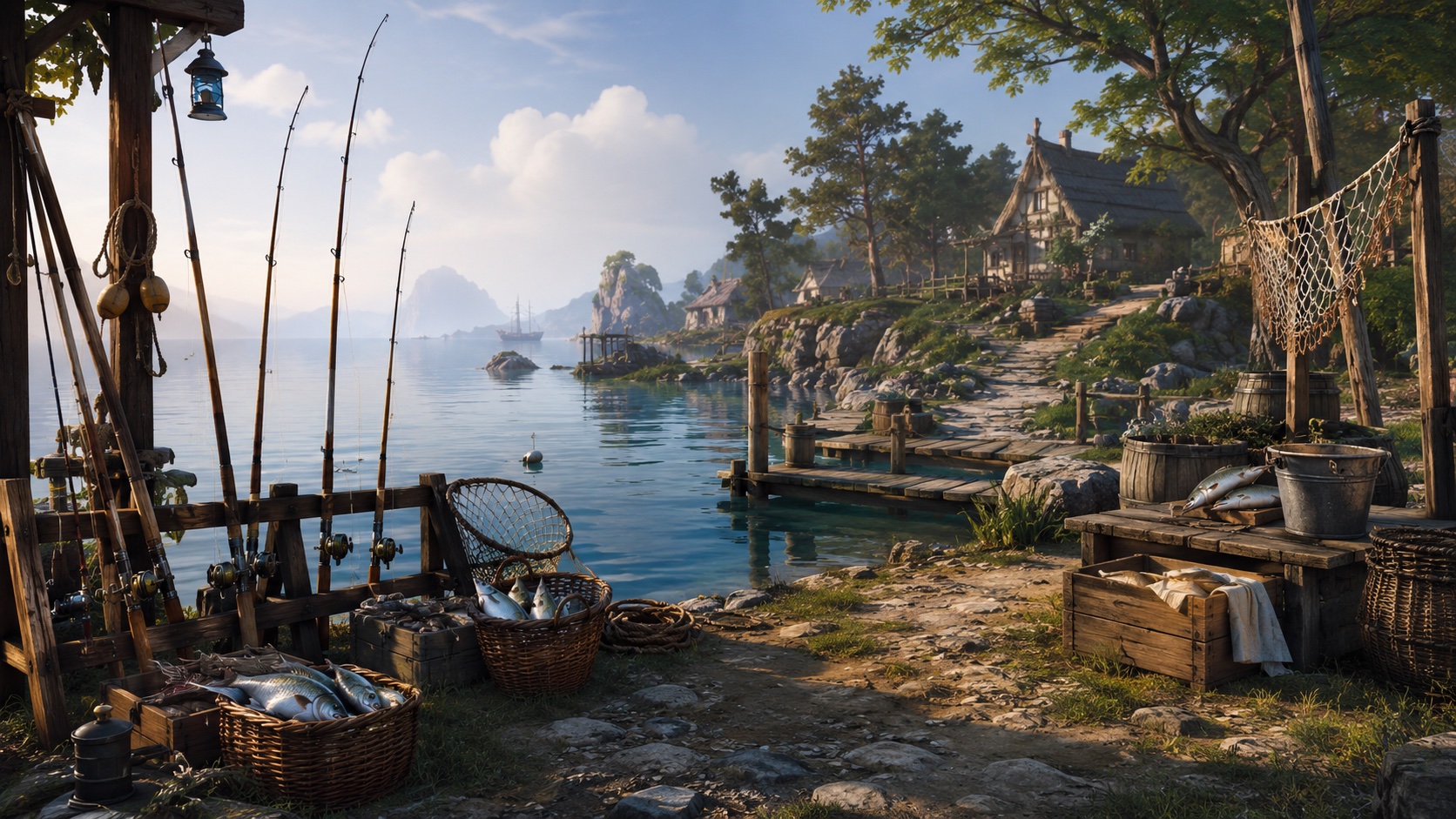 Fishing spot with gear and fresh catches for leveling Fishing from 20 to 40 in Brighter Shores